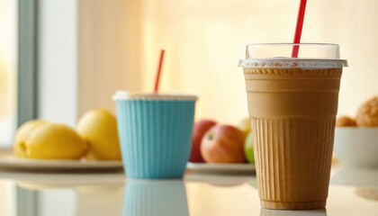 a close up of a cup of coffee on a table next to a bowl of fruit and a plate of croissants.