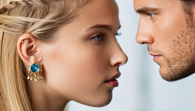 a close up of a man and a woman face to face, with one woman's face to the side and one man's face to the other.