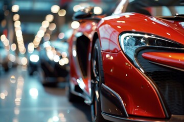 Close-up of luxury red sports car in showroom - obrazy, fototapety, plakaty