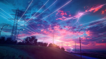 Dramatic electric sky: lightning and power lines at sunset