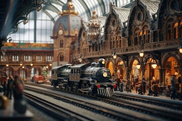 A meticulously crafted diorama of a bustling vintage train station in tilt shift perspective