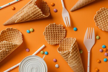 Colorful candy and waffle cone flatlay - Powered by Adobe