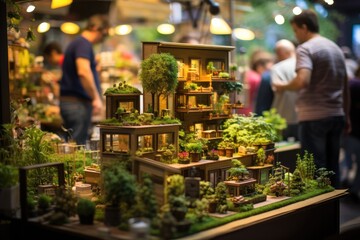 A meticulous diorama depicting a multi tiered green space teeming with life, showcased at an exhibition