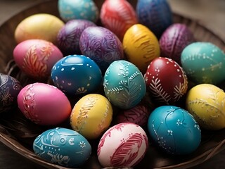 Obraz premium easter eggs in a basket. easter, colorful easter eggs