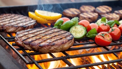 hamburgers, tomatoes, cucumbers, and other foods cooking on a grill with flames in the background.