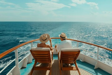 Back view of a retired couple in hats sitting on deck chairs facing the sea on a cruise ship - obrazy, fototapety, plakaty