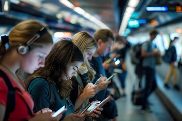A group of individuals standing closely next to each other, completely absorbed in their cell phones, not interacting with one another.