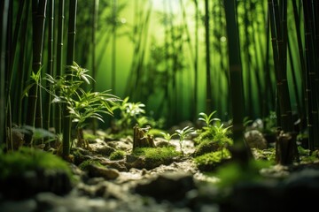 A tilt shift lens brings a magical, miniaturized perspective to this lush bamboo forest