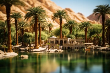 Fototapeta na wymiar A tilt shift lens captures a serene diorama of a lush Middle Eastern oasis in striking detail