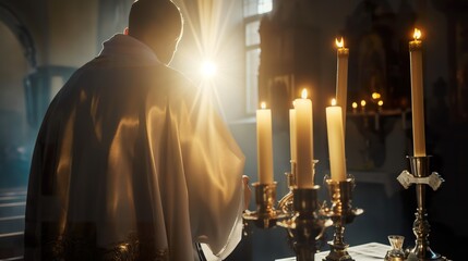 Priest conducting candlelit service in church - obrazy, fototapety, plakaty