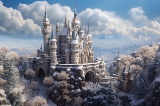 A serene, snow kissed castle nestled within an ethereal winter forest, its spires reaching towards the tranquil sky