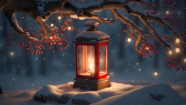 Christmas red lantern glowing in snowfall, illuminating a tree with light bulbs on snowy ground on a peaceful winter night