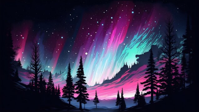 A breathtaking display of nature's beauty as the northern lights, in vibrant purple blue, dance above a serene forest and trees silhouette covered in snow.