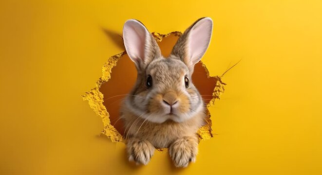 Realistic cute funny rabbit or bunny peeking out of a cut hole bright yellow background. Spring holiday and Easter background. Copy space Happy Easter 4k video