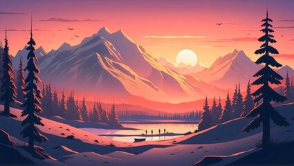 Winter sunrise over a snowy mountain landscape. Mist hovers above a serene lake as colorful birds soar in the sky, amazing illustration scene 