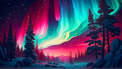 A mesmerizing winter scene showcasing a colorful aurora borealis illuminating the night sky and stars above a snowy forest and trees.