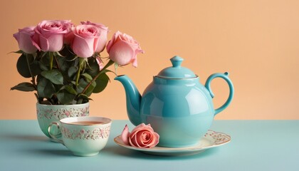 a blue tea pot with a pink rose in it next to a tea cup and saucer with a pink rose in it.