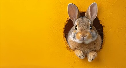 Realistic cute funny rabbit or bunny peeking out of a cut hole bright yellow background. Spring holiday and Easter background. Copy space Happy Easter 4k video
