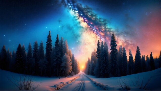 Snowy forest silhouette against a sunset sky with stars, snow-covered ground, and winter bokeh, creative backround