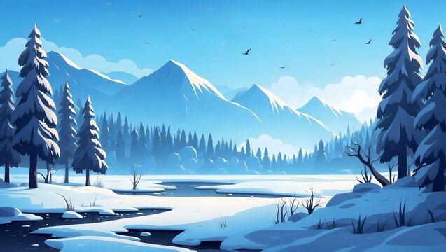 A picturesque winter scene with snowy mountains, a frozen river, birds flying and a cloudy sky  above a deep forest