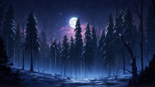 A winter forest at night with a full moon shining over tall trees, snow-covered ground, and a purple starry sky background.