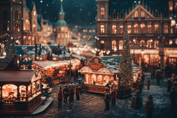 A tilt-shift lens breathes life into a miniature festive market scene, casting a whimsical, holiday spell, winter fair - obrazy, fototapety, plakaty