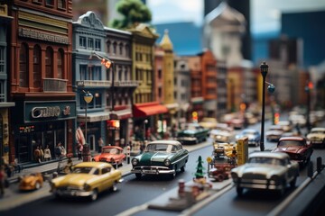 Obraz premium A tilt-shift lens distills the dynamic essence of a local street into a charming miniature tableau