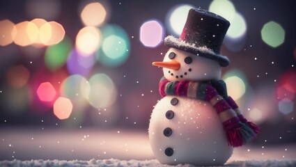 A snowman with a hat and vibrant color scarf stands in the snow. The snowy ground, falling snowflakes, twinkling lights and colorful bokeh background add to the magical scene