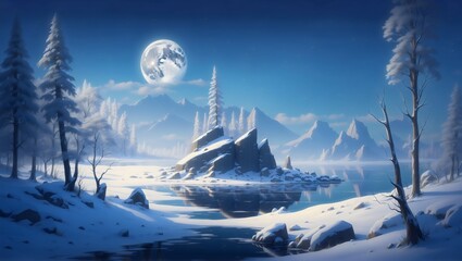 Winter landscape with full moon over snowy mountains and frozen lake, creating a serene and magical scene - obrazy, fototapety, plakaty