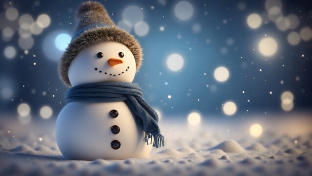  A happy snowman all dressed up for winter, wearing a brown hat and blue scarf. It stands on a snowy ground with snowfall, shimmering lights and a blue bokeh background