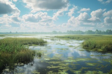 Obraz premium A vibrant wetland landscape with still waters, abundant green vegetation, and a bright, partly cloudy sky, capturing the essence of a thriving natural habitat.