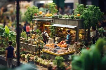 A vibrant diorama capturing the bustling atmosphere of a miniature plant market