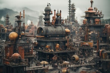 An intricate steampunk diorama showcases a bustling, miniature mechanical city with a tilt shift effect
