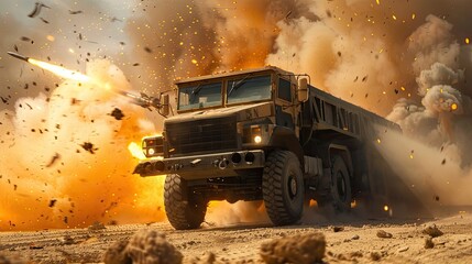 a powerful missile truck launching into action, with billowing smoke and flames engulfing the scene as the vehicle accelerates forward, ready to deliver its payload with precision and force.
