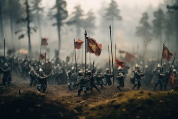 Tilt-shift lens transforms a medieval battle diorama into a lifelike miniature - obrazy, fototapety, plakaty