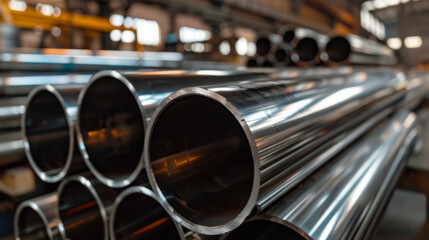 Steel large chrome pipes inside the factory - obrazy, fototapety, plakaty