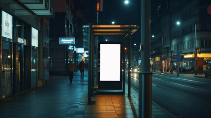 Blank billboard on bus stop shelter at night