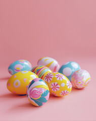 Fototapeta na wymiar Colored yellow and blue Easter eggs on a pink background, Happy Easter day concept and idea, copy space