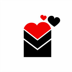 Letter M abstract logo design with arrow and heart concept on envelope.