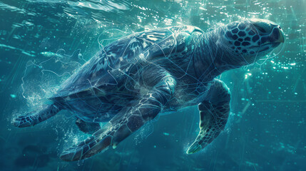 A turtle entangled in a net underwater - obrazy, fototapety, plakaty