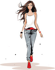 Young woman walking confidently flowing hair, casual clothing, jeans, red sneakers. Fashionable urban girl, modern street style, dynamic pose vector illustration