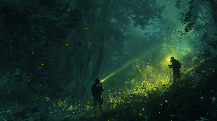 Illustration of photographers in a forest at night