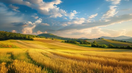 Yellow ripe field of wheat in the hills ready for the crops to be gathered on sunny day with white clouds in the sky