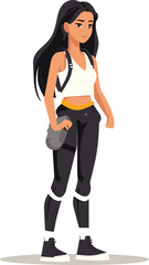 Young Asian woman standing casually gym bag, sporty outfit, long hair, confident posture. Fitness lifestyle urban fashion vector illustration