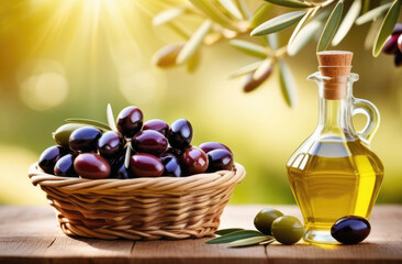 a small bottle of olive oil, fresh olives in a wicker basket on a wooden table, olive plantations, against the background of an olive tree branch, sunny day