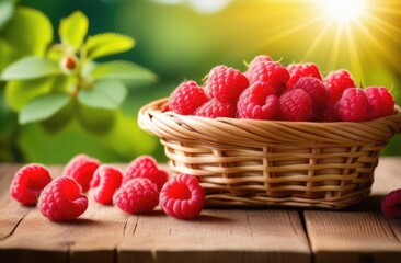 wicker basket with raspberries on a wooden table, ripe raspberries, raspberry bushes on the background, orchard, green background, sunny day - Powered by Adobe