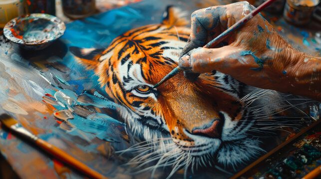 an artist paints a picture of a tiger