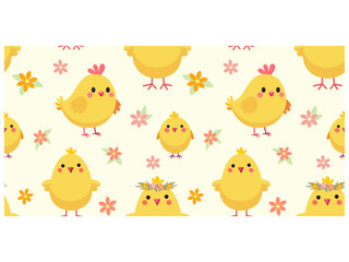 Happy Easter. Seamless pattern with chiken and flowers.
