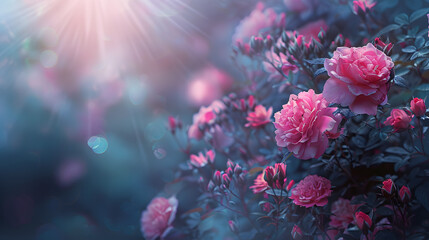 Obraz na płótnie Canvas Fantasy mysterious spring floral banner with blooming pink rose flowers on blurred blue background and sun rays