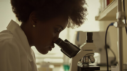 cientista afro-americana usando microscópio em laboratório. conceito de ciência, química, biologia, medicina e pessoas - obrazy, fototapety, plakaty